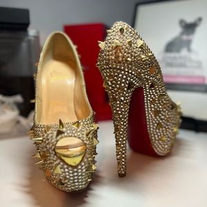 Christian Louboutin champagne spikes and Swarovski crystals heels